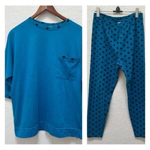 Vintage Teal Blue Black Polka Dot Blouse Top & Leggings Set Size L Retro Stretch